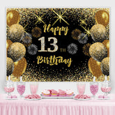 Lofaris Black Gold Balloon Glitter Happy 13Th Birthday Backdrop